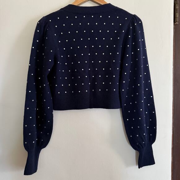 INTERMIX | Navy Blue Rhinestoned Cropped Wool / Cashmere Cardigan | Extra Small - Picture 2 of 7